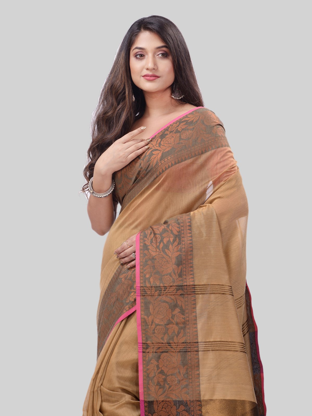 DESH BIDESH Women`s Cotton Handloom Cotton Silk Saree Gulab Work With Blouse Piece(Gold)